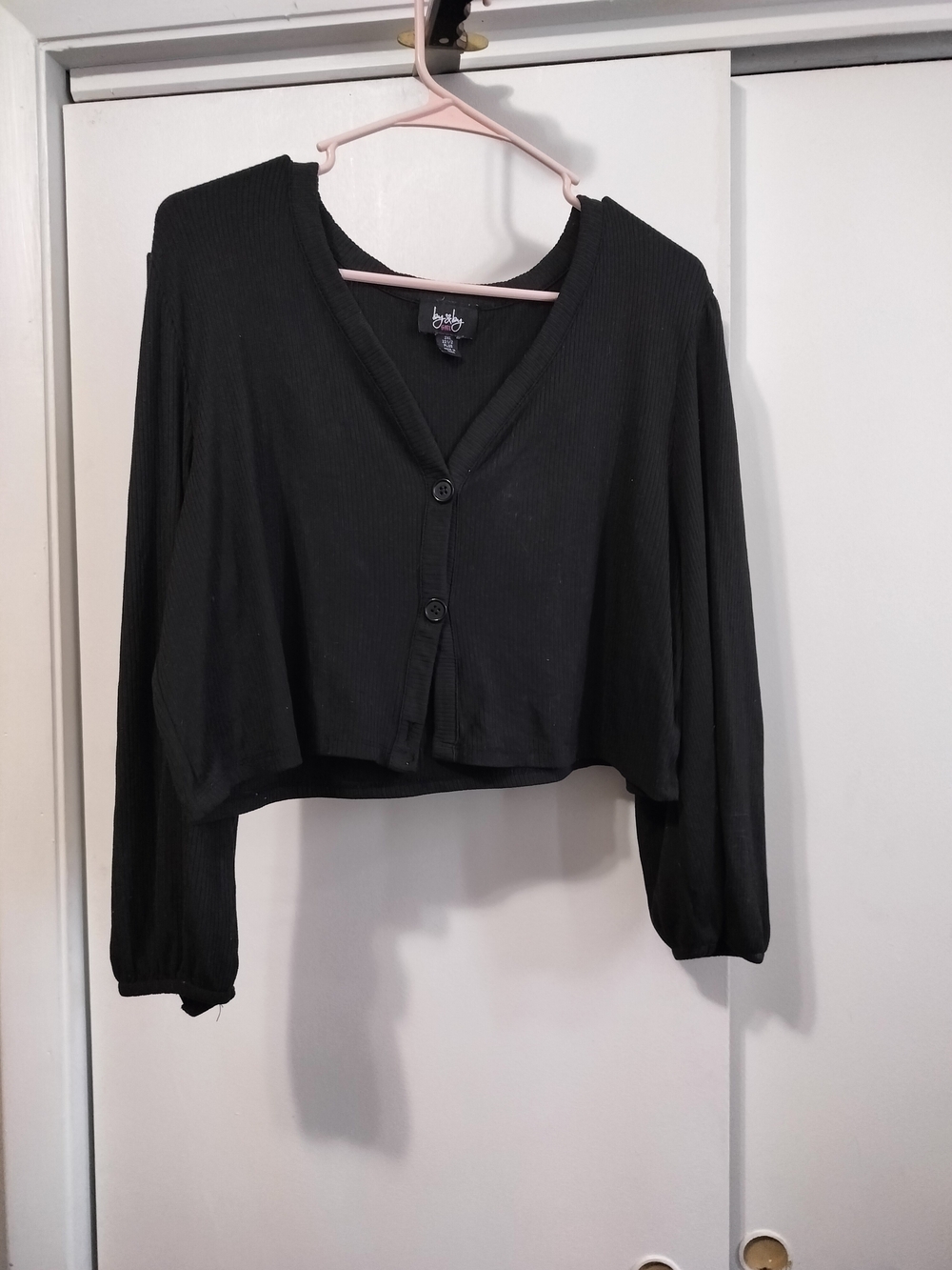 by & by Black Ribbed V-Neck Cropped Button Top